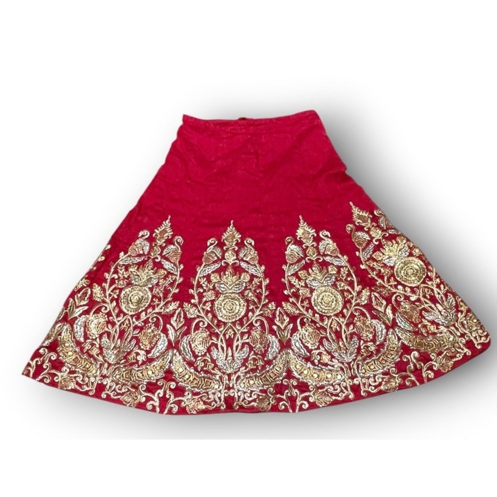 Ornate Maroon  Gold Zardosi Embroidered Lehenga Skirt Bridal Festive Wear XL Red